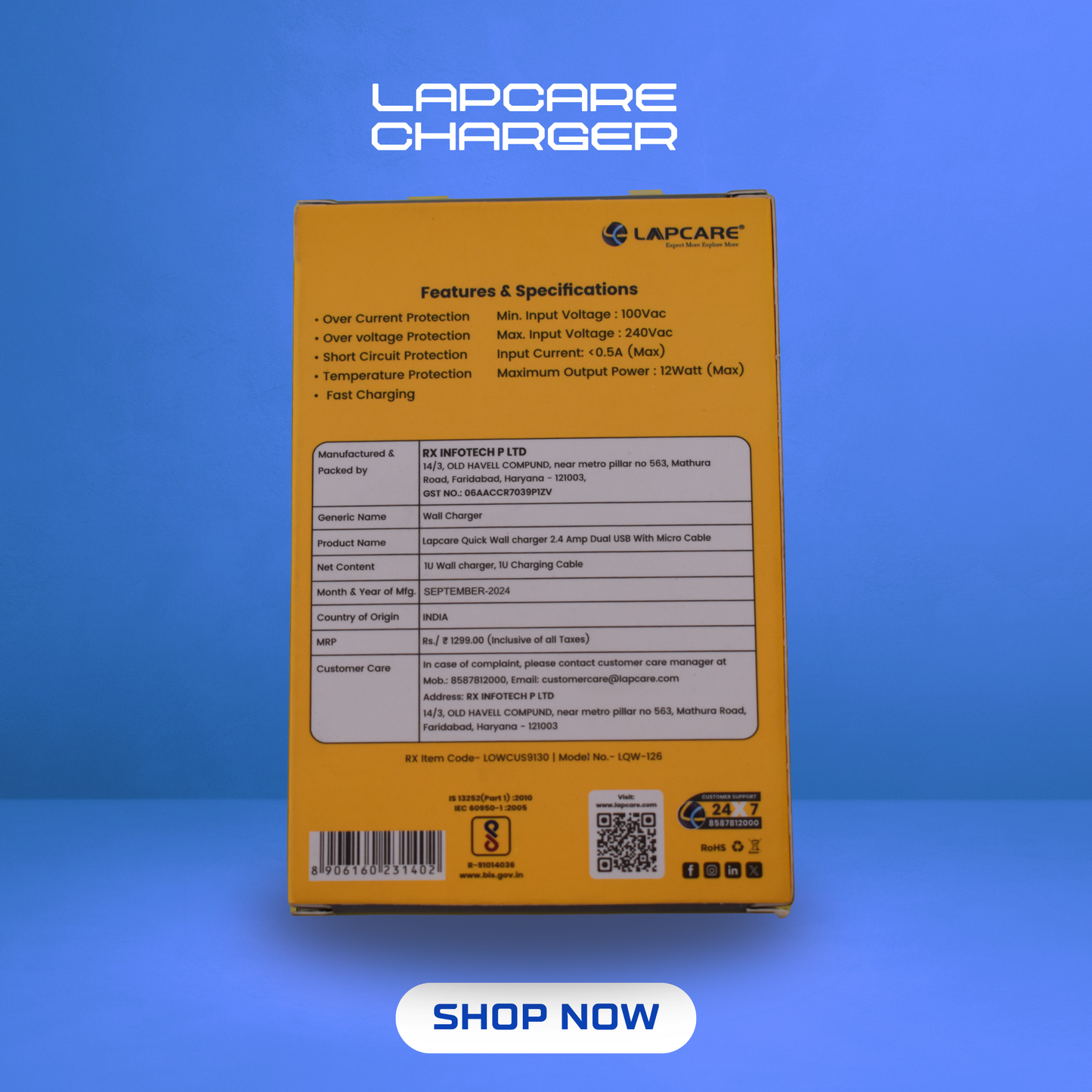 Lapcare Wall Charger 2 USB Port With Micro USB Cable