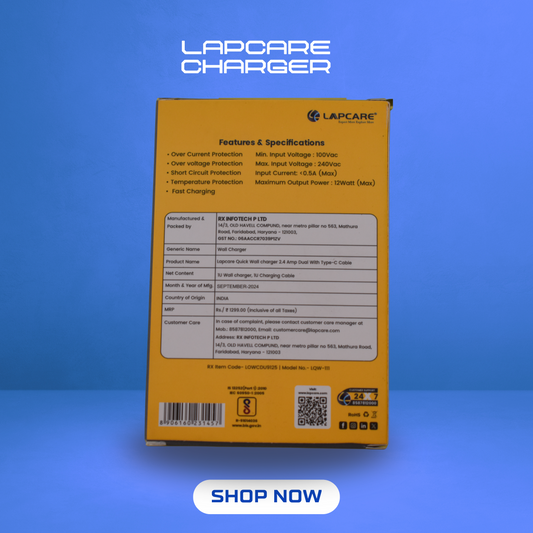 Lapcare Dual USB Charger 2.amps with Type C Cable